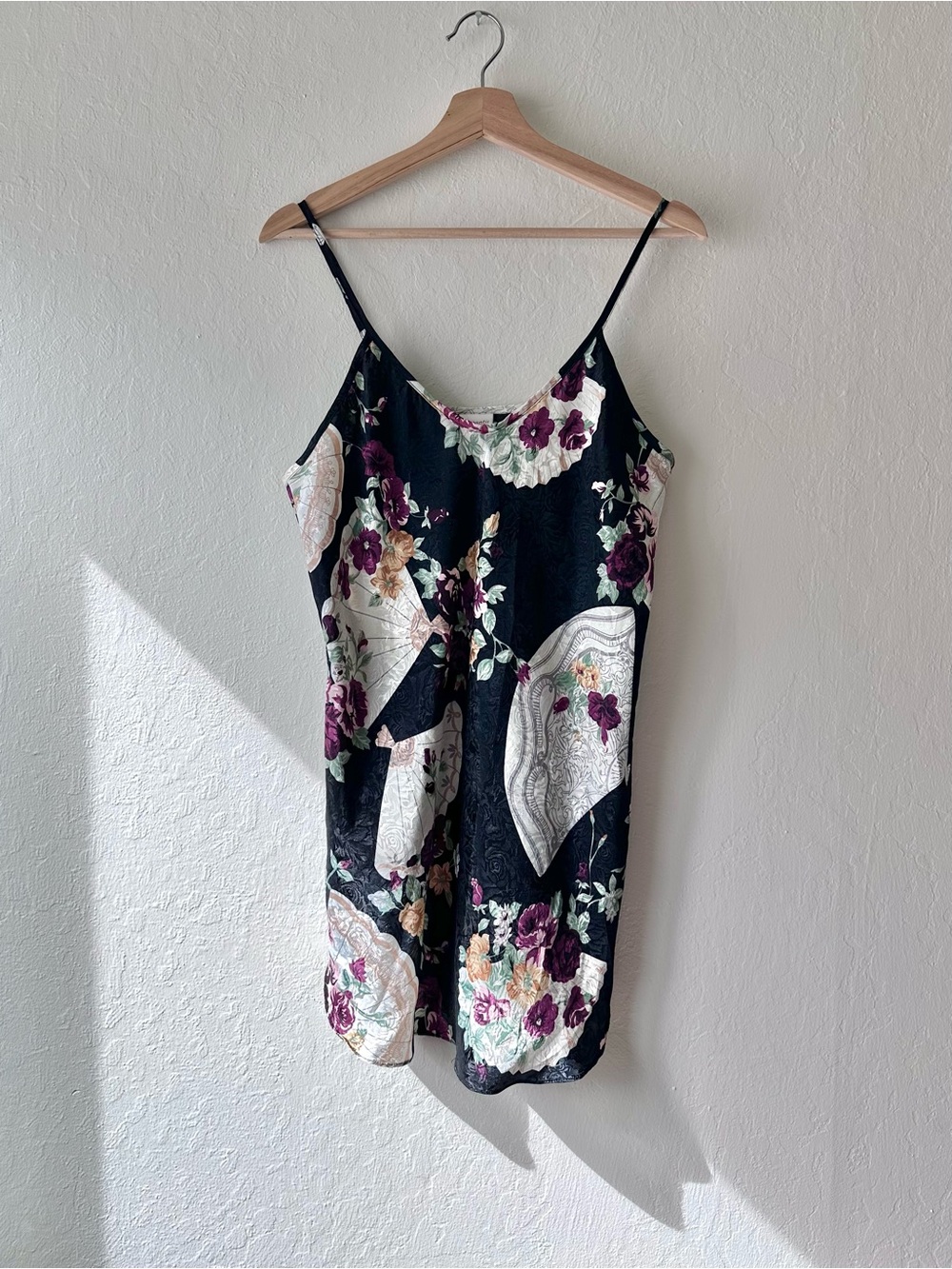 Vintage 90s romantic moods black satin floral lingerie slip dress chemise large